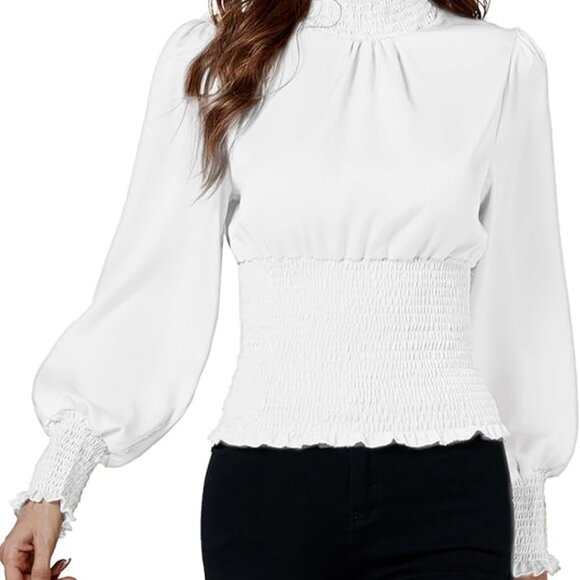Women's Shirred Frill Mock Neck Smocked Puff Long Sleeve Blouse Top - Picture 3 of 6